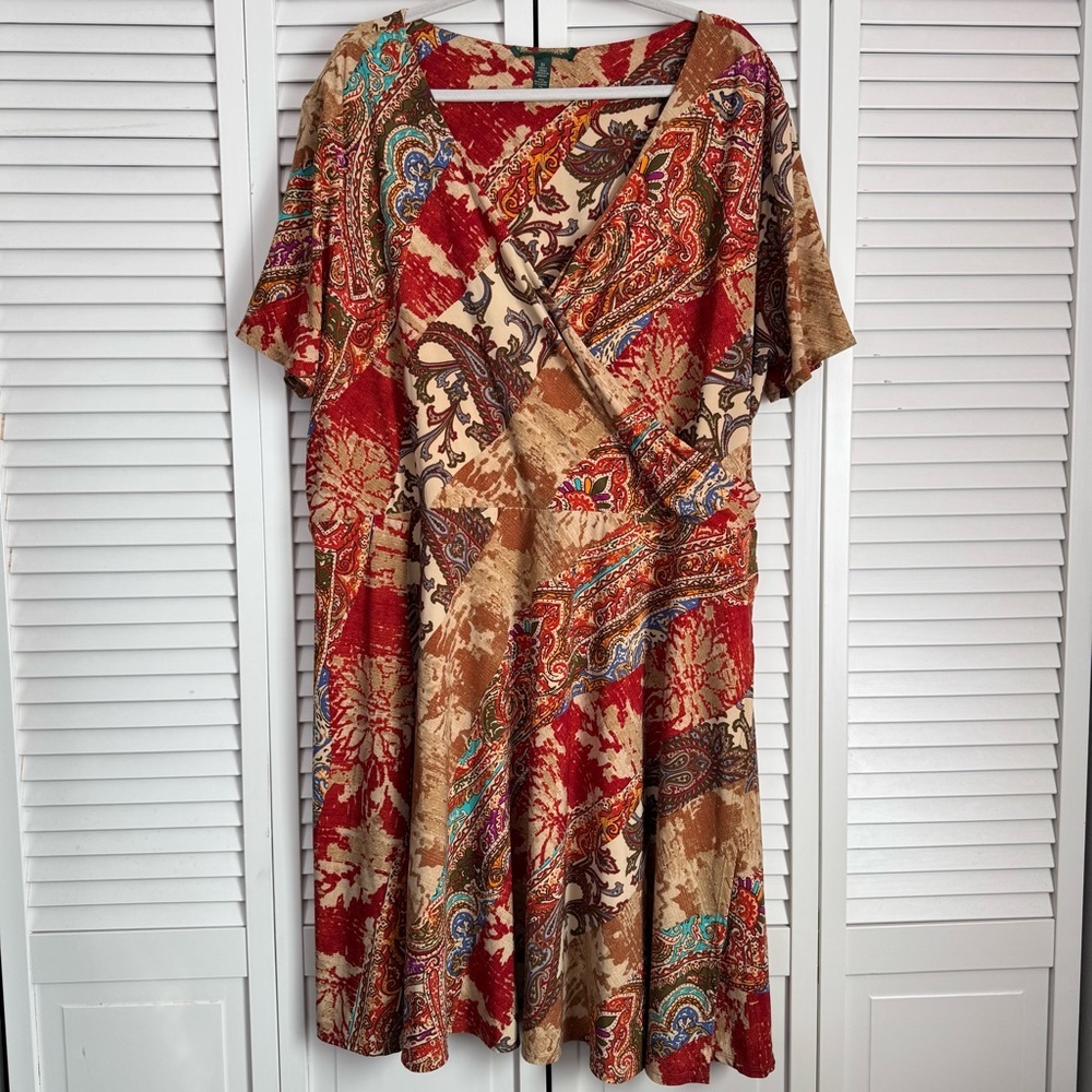 Lauren Ralph Lauren Paisley Faux Wrap Jersey Dress V-neck Brown Orange Size 3X